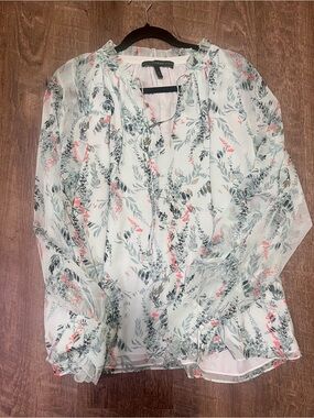 White House Black Market Light Blue Floral Tie-Neck Blouse